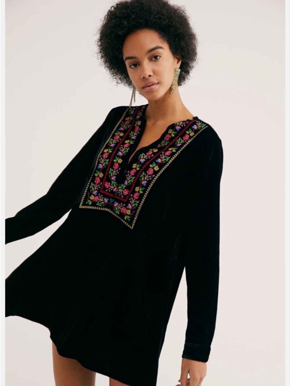 Free People Black Velvet Tunic with Multicolor Floral Embroidery. Size L